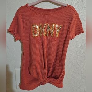 DKNY Coral Orange Sequin Logo Twist Front Short Sleeve Top and Striped Pants